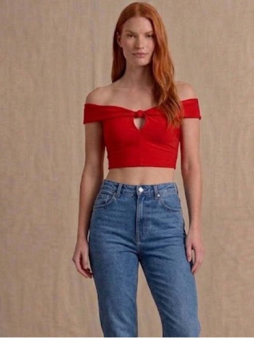Publik Red Off The Shoulder Knot Front V-Neck Crop Top Large Womens Night Out